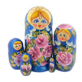 5 Nesting Dolls Russian Matryoshka Hand Painted, Blue Flowers, Cute Faces 7 Inch Tall - Easter Pascha Gift - Christmas Gift