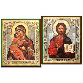 Orthodox Icons Matching Set- Jesus Christ the Teacher and Virgin of Vladimir - Sofrino Large Size Russian Silk Icons