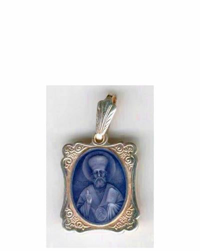 St. Nicholas Icon Pendant with Blue Enamel - Medallion