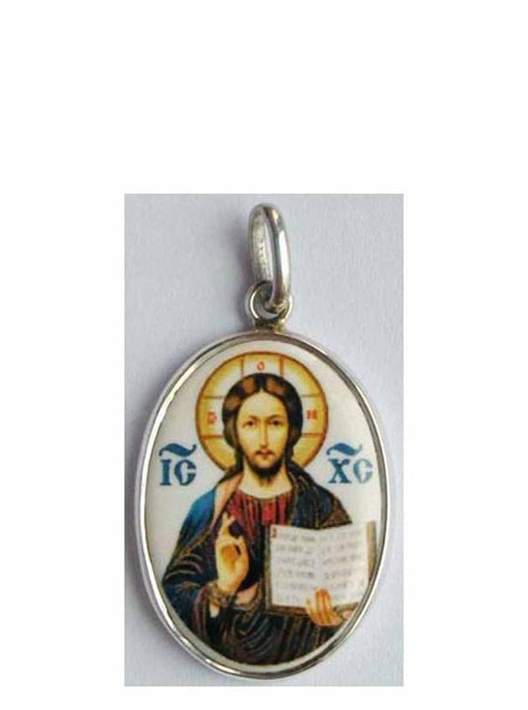 Christ Icon Pendant -Porcelain and Sterling Silver - Small Medallion