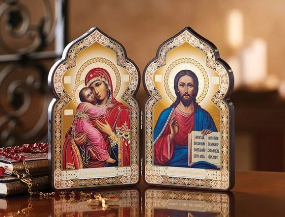 Orthodox Icons Diptych: Virgin of Vladimir and Jesus Christ the Teacher, dome-shaped, medium icons