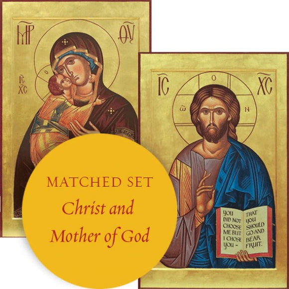 Orthodox Icons Matching set: Jesus Christ Pantocrator & Virgin and Child in Eleousa style