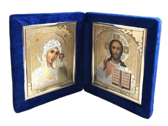 Orthodox Icons Diptych: Virgin of Kazan and Jesus Christ the Teacher in blue velvet case, medium icons - Wedding Icons Set Orthodox Bookstore