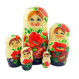 5 Nested Red/Green Russian Matryoshka Dolls Hand Painted, Cute Faces 7 Inch Tall - Easter Pascha Gift - Christmas Gift