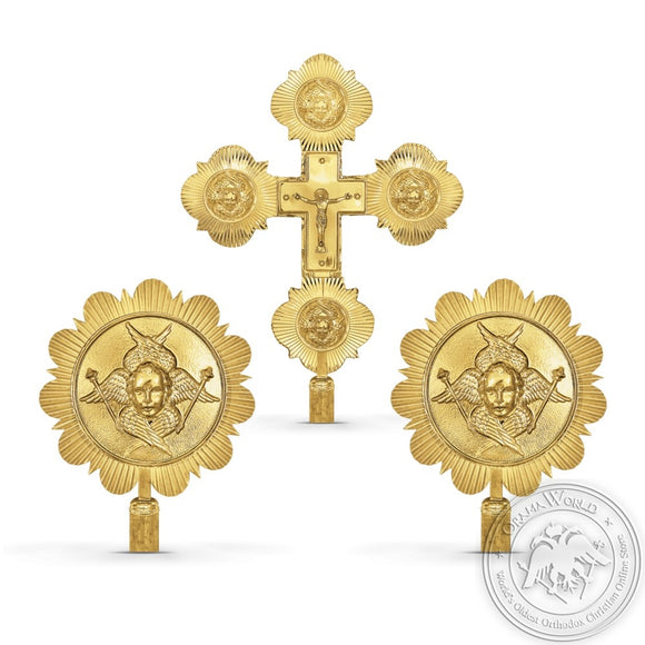 Small Gold Painted Processional Cross and Fans - Liturgical Item