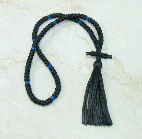 Satin 100-knot Russian Prayer Ropes with Tassel - 7 colors to choose from Black with Blue Beads