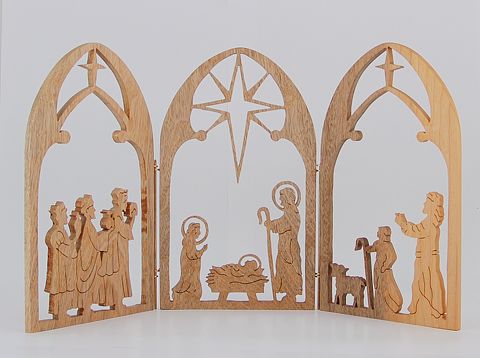 Christmas Gift Idea Hand-Cut Myrtle Wood Crèche Triptych - Christmas Gift