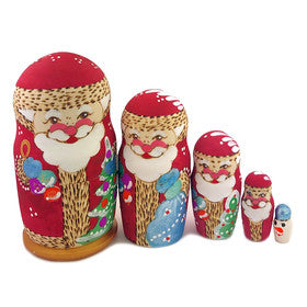 Russian Hand Carved Hand Painted Santa nesting Toy and little Snowman - 5 Nested - Christmas Gift