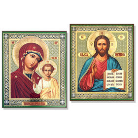 Orthodox Icons Matching Set - Christ The Teacher & Virgin Of Kazan - Sofrino Large Size Russian Silk Icons