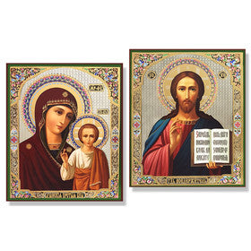 Orthodox Icons Matching Set - Jesus Christ The Teacher & Virgin Of Kazan - Sofrino Large Size Russian Silk Icon
