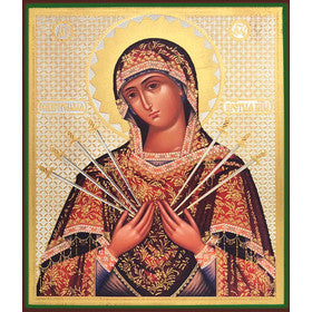 Orthodox Icons Theotokos Mother of God: Virgin of Seven Swords - Sofrino Large Size Russian Silk Icon