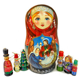 Nativity Scene - Open Up Matryoshka Doll With Christmas Ornaments Inside - Hand Carved Hand Painted - Christmas Gift