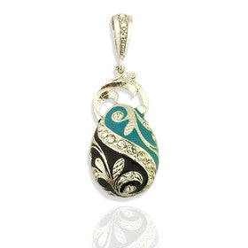 Faberge Style Egg Pendant Sterling Silver 935 1 1/2" - Turquoise With Black Hand Enameled - Easter Pascha Gift