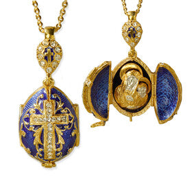 Orthodox Christian Jewelry "Locket Virgin Mary & Child" Sterling Silver 925 - 24KT Gold Plated Egg Pendant w/Swarovsky Crystals - Easter Pascha Gift Orthodox Bookstore Orthodox Jewelry