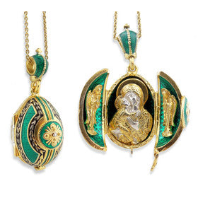 Egg Pendant Emerald Green Locket With Icon and Angels, Sterling Silver 925 18kt Gold Gilding - Easter Pascha Gift