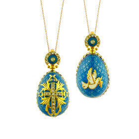 Faberge Style Egg Pendant With Cross and Dove on The back Side - Reversible - Sterling Silver 925 - Gold Plated 24KT - Chain NOT Included - 1 1/4 inch Turquoise Color - Easter Pascha Gift