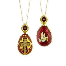 Faberge Style Egg Pendant With Cross and Dove on The back Side - Sterling Silver 925 - 24KT Gold Plated - Chain NOT Included - 1 1/4 inch - Easter Pascha Gift