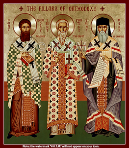 Orthodox Icon Three Pillars of Orthodoxy: Saint Gregory Palamas, Saint Photius the Great, and Saint Mark of Ephesus