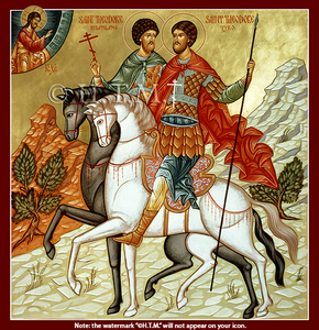 Orthodox Icons of Saints Saints Theodore and Theodore on horses - Saint Theodore the Commander, and Saint Theodore the Recruit.