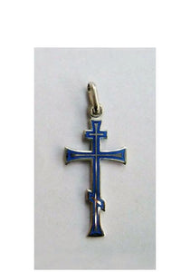 Three Bar Orthodox Cross with Blue Enamel - Cross Pendant