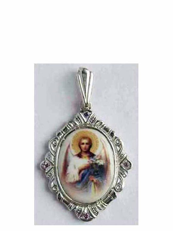 Archangel Gabriel Icon Pendant - Porcelain and Sterling Silver - Medallion Orthodox Jewelry