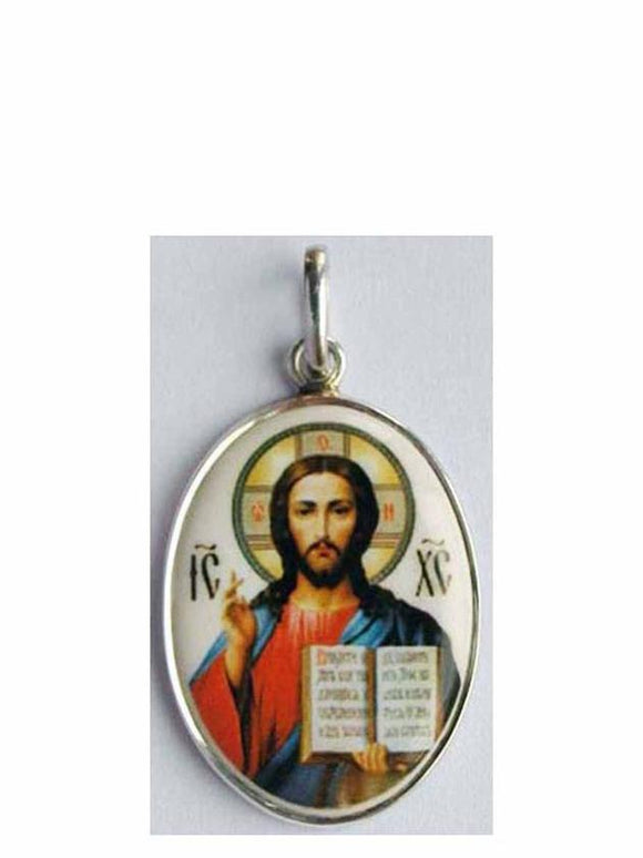 Christ Icon Pendant - Porcelain and Sterling Silver - Medallion