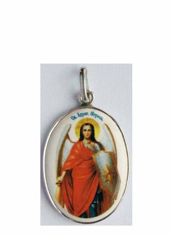 Archangel Michael Icon Pendant -Porcelain and Sterling Silver - Medallion Orthodox Christian Jewelry