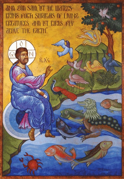 Orthodox Icons of Jesus Christ Creating the Birds and Sea Creatures