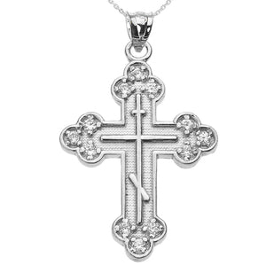 STERLING SILVER CUBIC ZIRCONIA EASTERN ORTHODOX CROSS PENDANT NECKLACE - Pendant only or with 4 different chain lengths