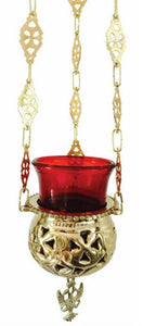 Hanging Vigil lamp brass, 3 inch diameter, with red glass