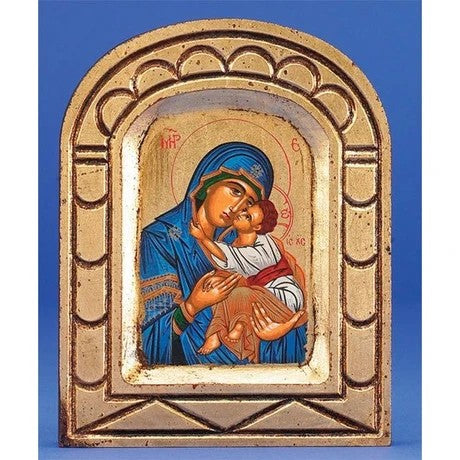 Orthodox Icons Theotokos Glikofilousa ( Sweet Kissing) Mother of God - Blue Robe - Hand Painted Icon - Carved Arch - MPOV