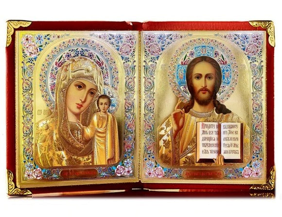 Orthodox Icons Diptych: Virgin of Kazan and Jesus Christ the Teacher, medium icons in leatherette case