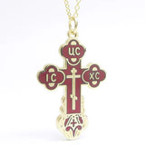 Russian Baptismal Cross Pendant with Chain - Red Enamel with Gold Plating