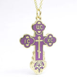 Russian Baptismal Cross Pendant with Chain - Lilac Enamel and Gold Plating