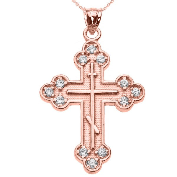 14K ROSE GOLD DIAMOND EASTERN ORTHODOX CROSS PENDANT NECKLACE- Pendant only  or with 4 different chain lengths