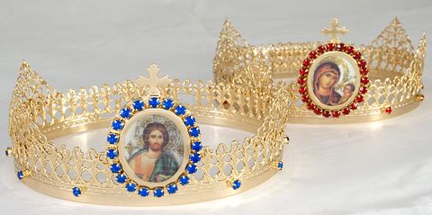Gold-Plated Wedding Crowns with Icon Roundels and Triangular Ornaments - Orthodox Christian Wedding Gift