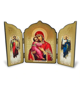 Orthodox Icons Triptych: Virgin of Vladimir with Archangels Michael and Gabriel, medium icons