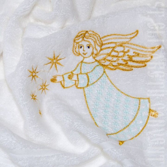 Large Cotton Terry Towel with Embroidered Guardian Angel: Blue - Baptismal Gift - Embroidery