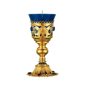 Six Wing Seraphim Standing Vigil Lamp: Blue Glass - Gold Plated - Ordination and Clergy Gifts