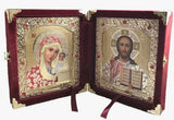 Orthodox Icons Diptych: Virgin of Kazan and Jesus Christ the Teacher in burgundy velvet case, large icons - Wedding Icons set