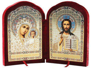Orthodox Icons Diptych: Virgin of Kazan and Jesus Christ the Teacher, large icons in a contoured red velvet case- Wedding IconsSet