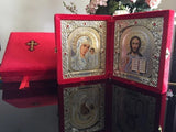 Orthodox Icons Diptych: Virgin of Kazan and Jesus Christ the Teacher, large icons in a red velvet case- Wedding Icons Set
