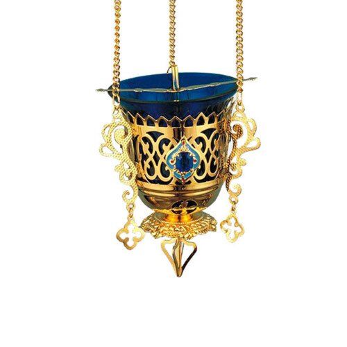 Hanging Vigil Lamp Blue Glass - Gold Plated - Ordination and Clergy Gifts