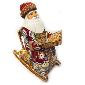 Russian Santa - Hand Carved Hand Painted Russian Father Frost on Rocking Chair Reading - Christmas Gift
