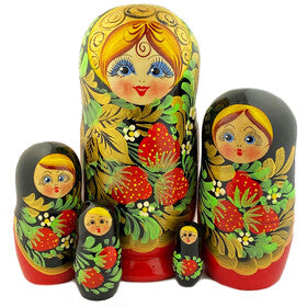 Russian Matryoshka 5 Nested Floral Dolls Strawberries Hand Painted, Cute Faces 7 Inch Tall - Easter Pascha Gift - Christmas Gift