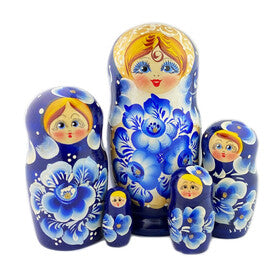 Russian Matryoshka 5 Nested Dolls Hand Painted, Cute Faces 7 Inch Tall - Blue White Floral - Easter Pascha Gift - Christmas Gift