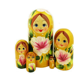 Russian Matryoshka Floral Nesting Dolls Gold - 5 Nested Doll Hand Painted 4 1/16 "x2" Tall - Easter Pascha Gift - Christmas Gift