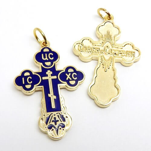 Russian Baptismal Cross Pendant with Chain Blue Enamel with Gold Plating