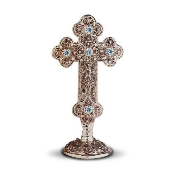Orthodox Christian Standing Cross, jeweled, light blue crystals
