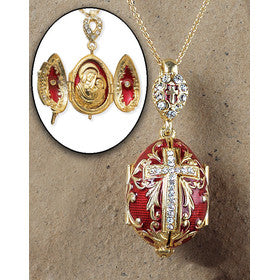 Egg Pendant - "Locket Virgin Mary & Child" Sterling Silver 24KT Gold Plated w/Swarovski Crystals - Easter Pascha Gift